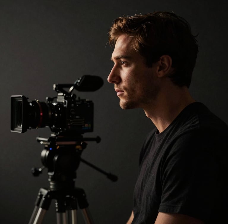 Cinematic environmental portrait of a male creator in a dark studio, low-key chiaroscuro lighting, warm key light highlighting profile, deep graphite shadows, professional camera setup visible in the blurred background.