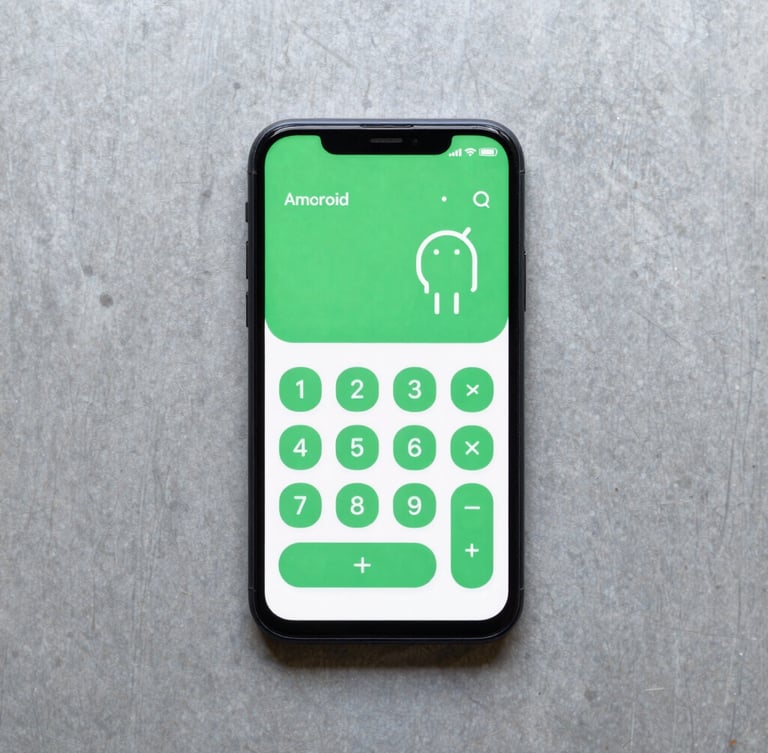 Overhead flat-lay of an Android smartphone on a clean slate-gray metal workbench displaying a simple green and white calculator app interface, bright even studio lighting, sharp macro focus