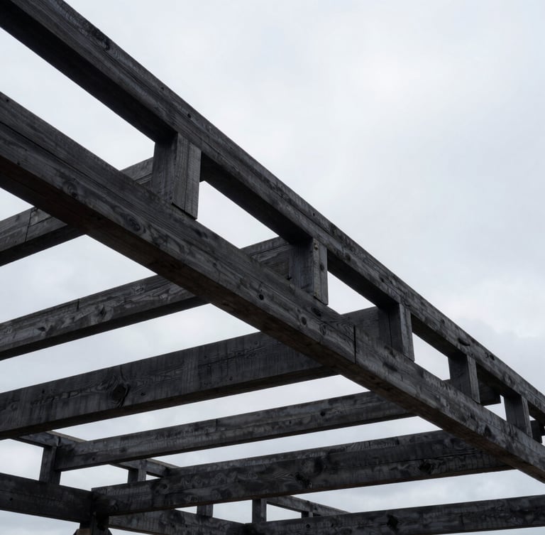 Wide-angle dramatic construction shot of a raw timber roof truss structure against an overcast Lithuanian sky, sharp focus on wooden joints, deep charcoal tones.