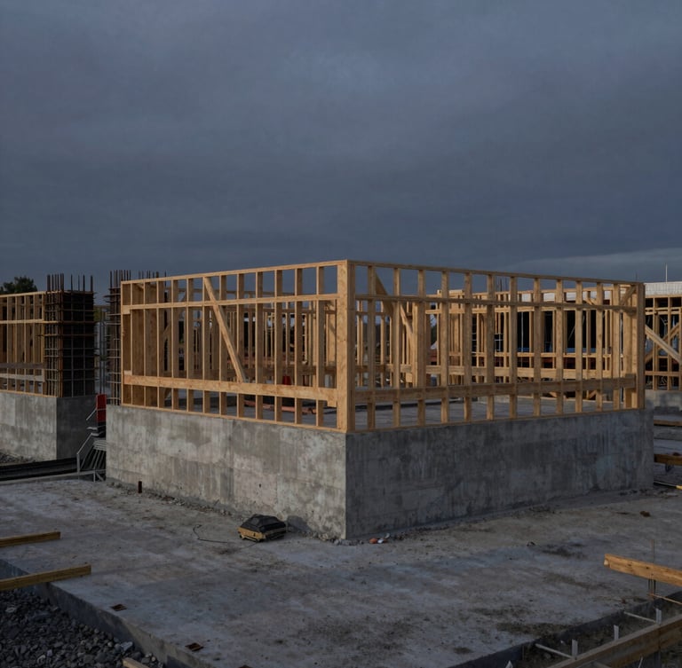 Wide-angle dramatic construction site at dusk, concrete foundation poured, timber framing visible against a deep gray overcast sky, sharp focus, 35mm