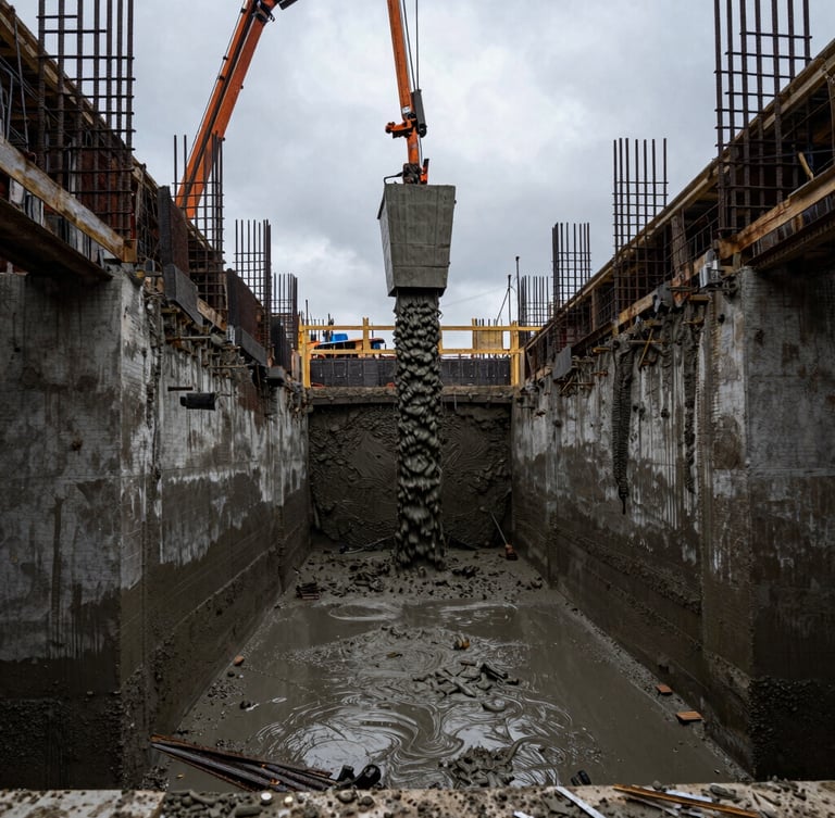 Dramatic wide-angle construction site photography, heavy concrete pouring from a pump into a steel-reinforced trench, wet concrete textures, overcast gray sky, sharp industrial focus.