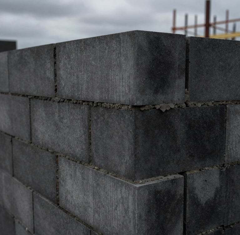 Close-up of precise masonry work, neat mortar lines between gray silicate blocks, industrial construction site, sharp focus, dramatic overcast daylight, 35mm lens