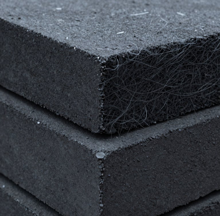 Macro shot of building materials, concrete texture and high-quality insulation fibers, industrial aesthetic, sharp focus