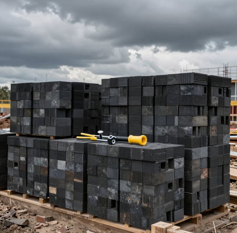 A clean and highly organized construction site in Lithuania, stacks of neatly arranged bricks, professional tools, overcast dramatic sky, dark tones.