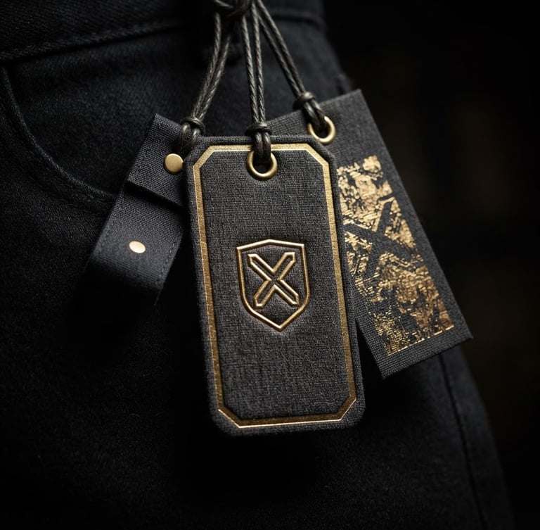 Sleek digital mockup of the domain on premium apparel tags, dramatic low-key lighting, deep charcoal and gold accents, clean minimalist render, wide.