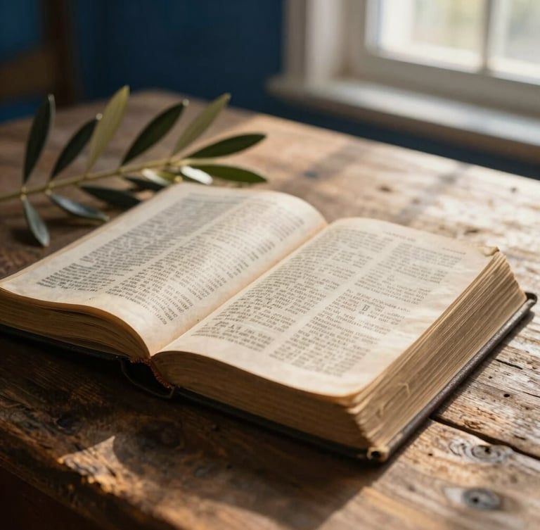 Close-up of an open ancient Bible on a rustic wooden table next to an olive branch, soft natural window light, warm gold and deep blue tones, shallow depth of field, editorial photography
