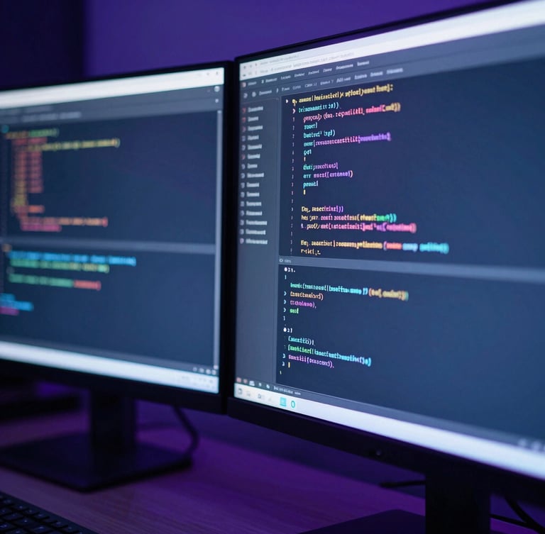 Macro shot of dual monitors displaying clean, structured code in a dark room with cool blue and violet ambient reflections, shallow depth of field, 35mm