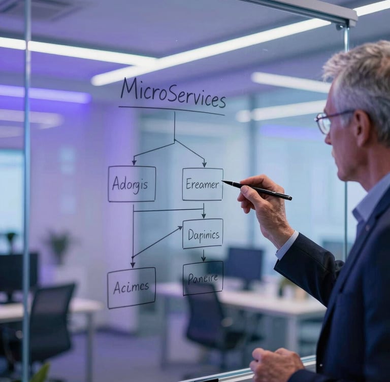 A senior engineer sketching a complex microservices architecture diagram on a glass whiteboard, cool blue and violet ambient office lighting, professional tech environment, shallow depth of field, 35mm