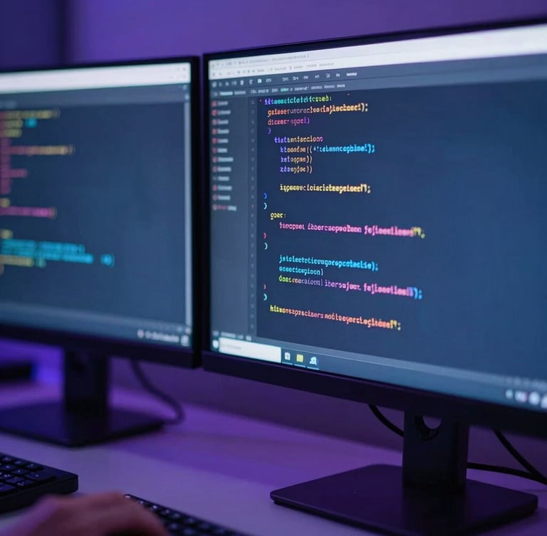 Macro close-up of dual-monitor setup showing clean code structures, cool blue and violet ambient office lighting, shallow depth of field, 35mm