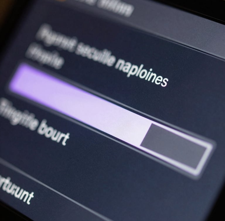 Macro close-up of a digital interface showing a secure file upload progress bar, with faint purple light reflecting on dark glass panels.