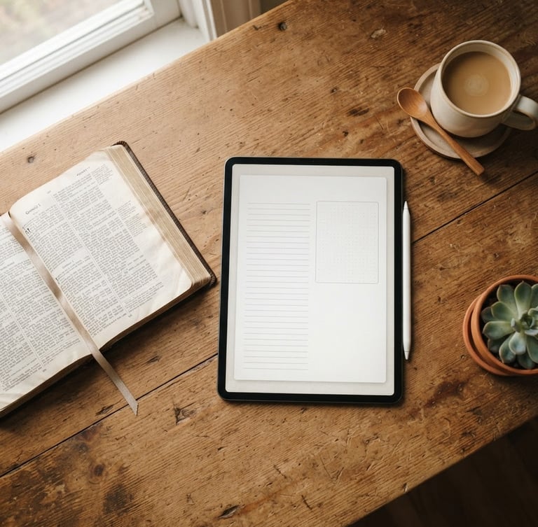 Overhead flat-lay of a digital tablet displaying a clean journaling template with generous margins, resting on a rustic wooden desk next to an open Bible, soft morning window daylight, warm neutral tones, 35mm
