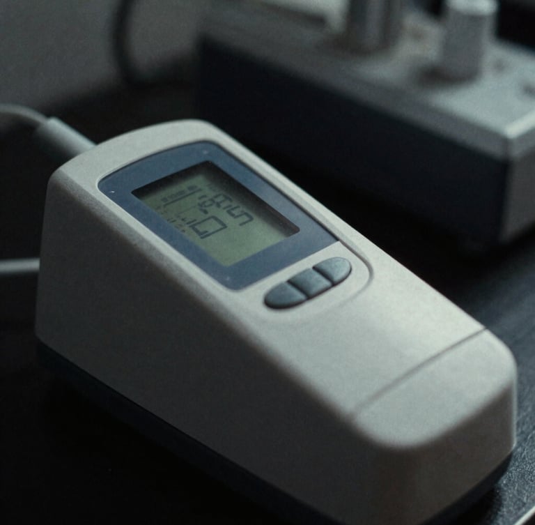 Macro close-up of a high-end medical lactate analyzer in a dark clinical lab, sharp side-lighting, cool desaturated tones, 35mm film grain