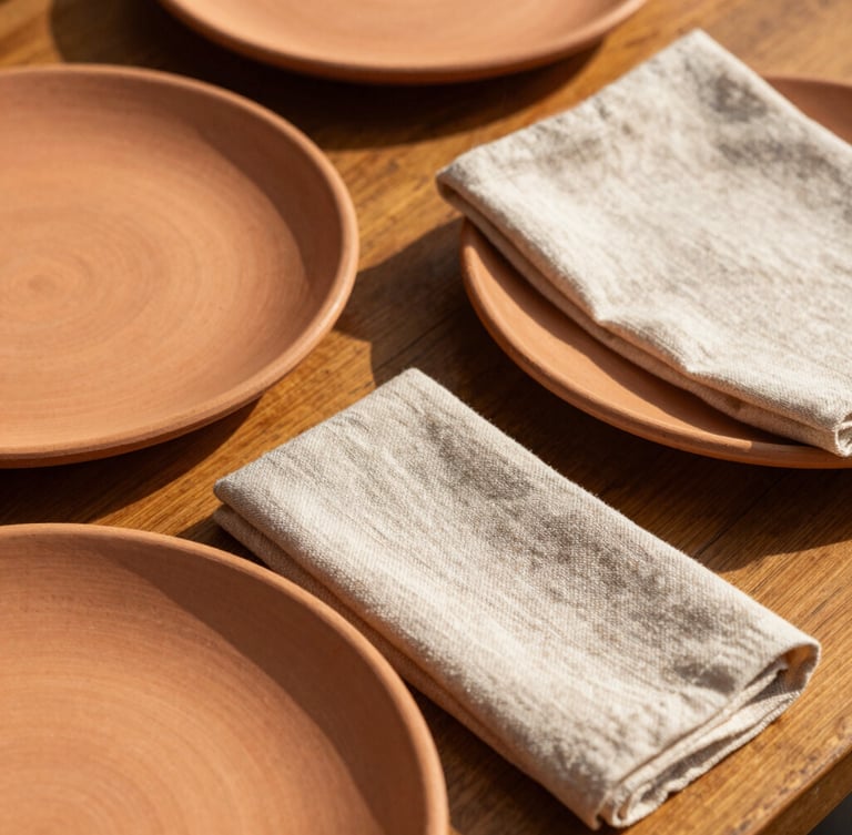 Close-up of textured terracotta plates and custom linen napkins on a wooden table, warm golden-hour sunlight, soft shadows, 35mm photography