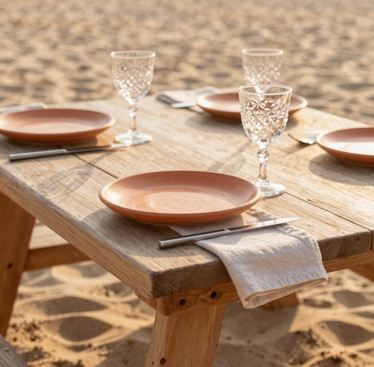 A close-up of a low picnic table on a sandy beach, textured terracotta plates, linen napkins, and sparkling glassware catching the warm golden hour sunlight, shallow depth of field.