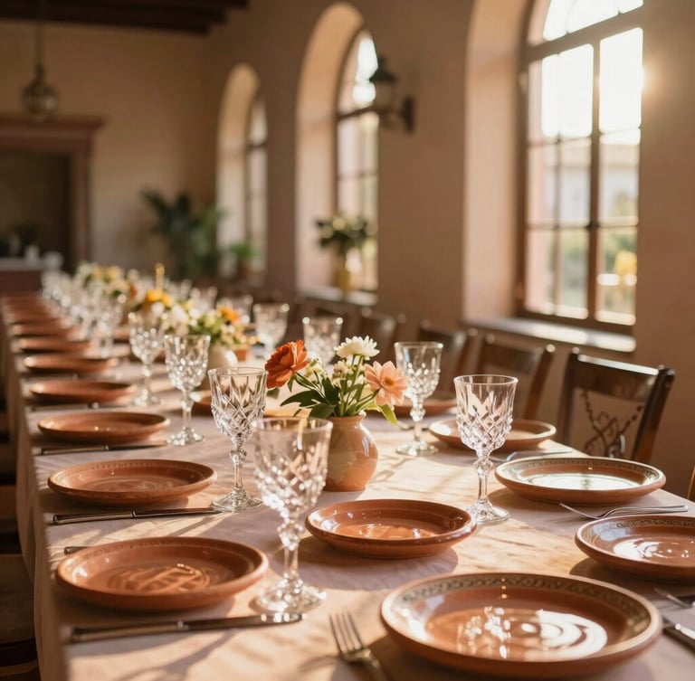 Elegant long banquet table set inside a historic Mexican estate, warm golden-hour light streaming through arched windows, rich terracotta plates, sparkling crystal glassware, shallow depth of field.