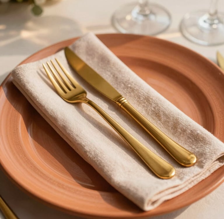 Close-up of a perfectly coordinated table setting, textured terracotta charger plate, custom linen napkin, polished gold cutlery, soft natural daylight, 35mm editorial photography.