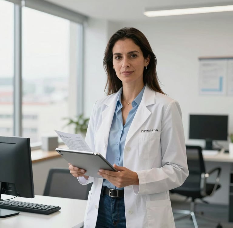 Wide environmental portrait of a professional female psychologist in a bright, modern office in Bogotá, holding a digital tablet with structured forms, clean natural lighting, clinical-corporate style.