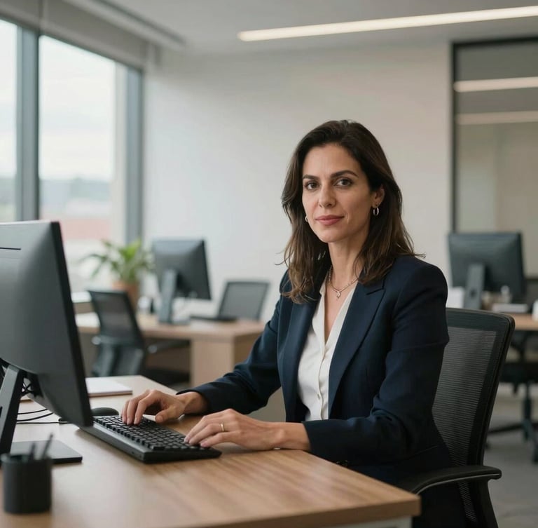 Retrato profesional de Tatiana Pacheco, psicóloga especialista en SST, sentada en una oficina moderna y luminosa en Bogotá, con un escritorio organizado y luz natural, encuadre medio, ambiente corporativo limpio y minimalista.