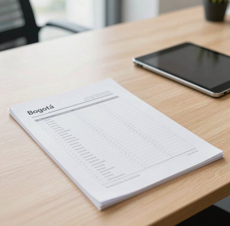 Bright, clinical-corporate workspace in Bogotá, a clean wooden desk with structured evaluation forms and a tablet, natural morning light, highly organized layout.