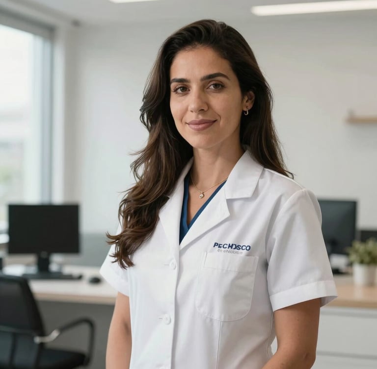 Professional environmental portrait of Tatiana Pacheco, a clinical psychologist and SST specialist, in a bright, modern office with clean lines and soft natural light.