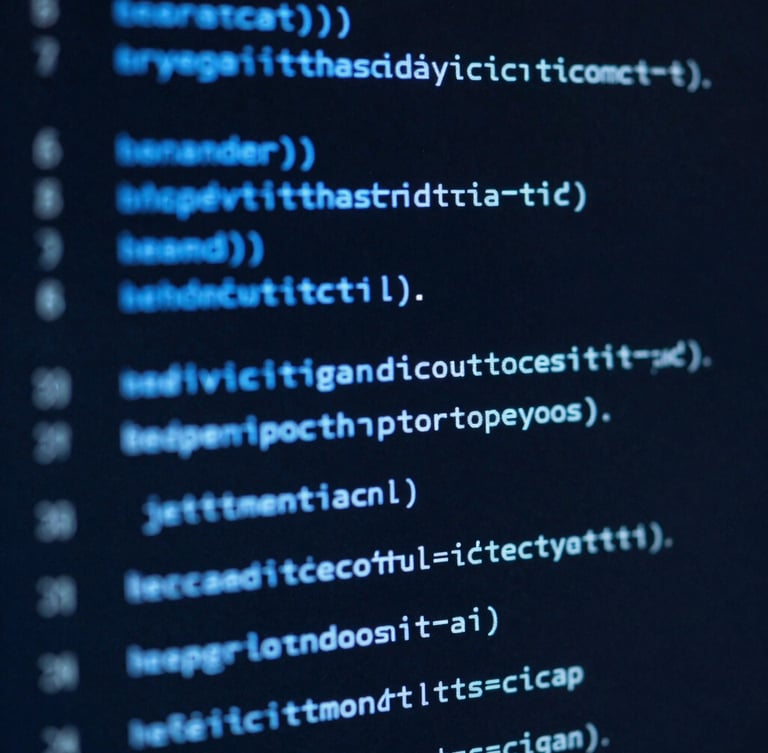 Macro close-up of dark computer screen with electric blue lines of code, cool low-key studio lighting, high contrast, technical atmosphere