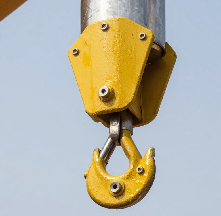 Close-up macro shot of a heavy-duty steel rigging shackle and hydraulic crane hook, safety yellow paint, pristine condition, high-contrast metallic textures, 35mm lens