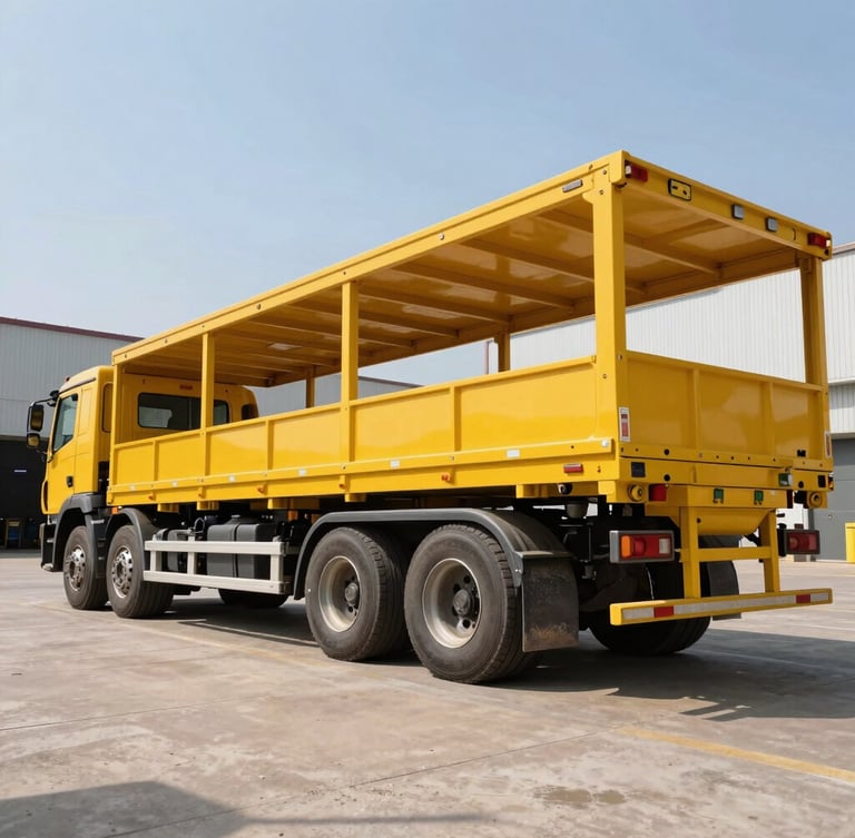 Low-angle shot of a multi-axle lowbed trailer transport configuration parked on a dry industrial yard, high-contrast daylight, safety yellow paint, sharp metallic details.