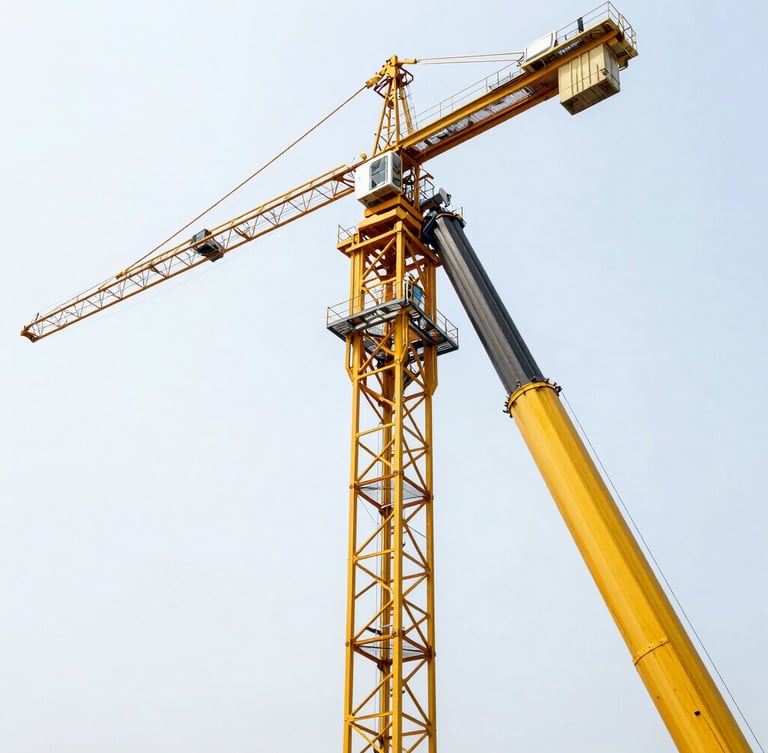 Dramatic low-angle 35mm shot of a massive yellow mobile crane boom extending into a bright daylight sky, sharp metallic textures, high-contrast industrial site background
