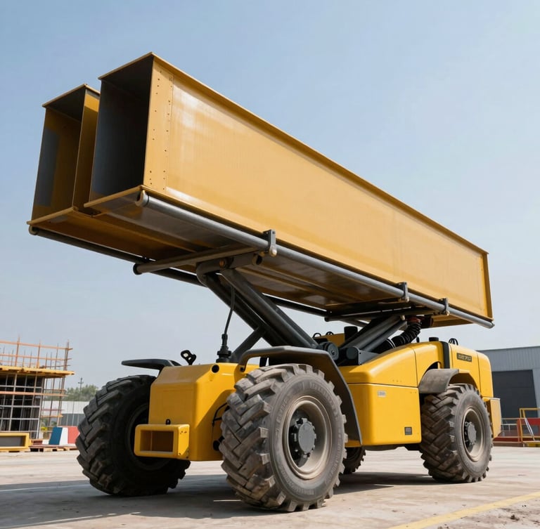 Low-angle shot of a heavy-duty telehandler carrying structural steel on a clean industrial construction site, sharp daylight, safety-yellow paint