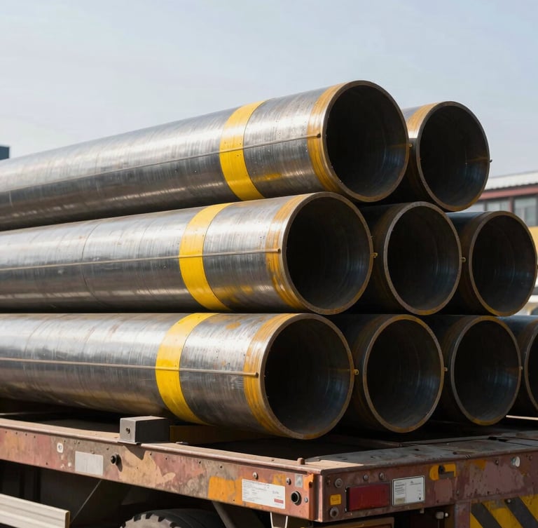 Sharp industrial photography of a heavy-duty flatbed trailer loaded with industrial steel pipes, bright daylight, high-contrast metallic textures, 35mm lens