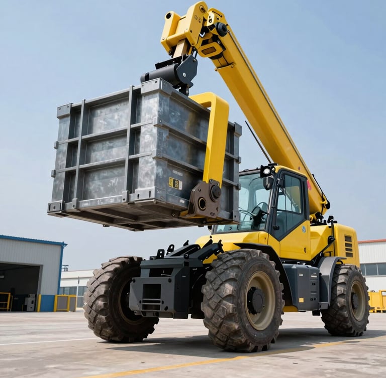 Low-angle dramatic daylight shot of a high-capacity telehandler lifting a heavy steel crate on a clean industrial site, safety yellow accents, sharp metallic textures, 35mm lens