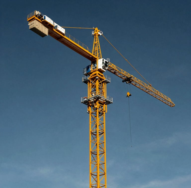 Low-angle wide shot of a massive safety-yellow mobile crane, boom extended against a high-contrast dramatic sky, sharp industrial photography, 35mm lens
