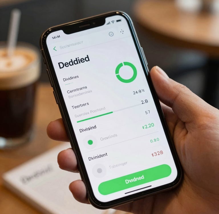 A close-up macro shot of a dark Android phone screen displaying a clean vector dividend tracker UI with safety-green accents, held in a hand at a coffee shop
