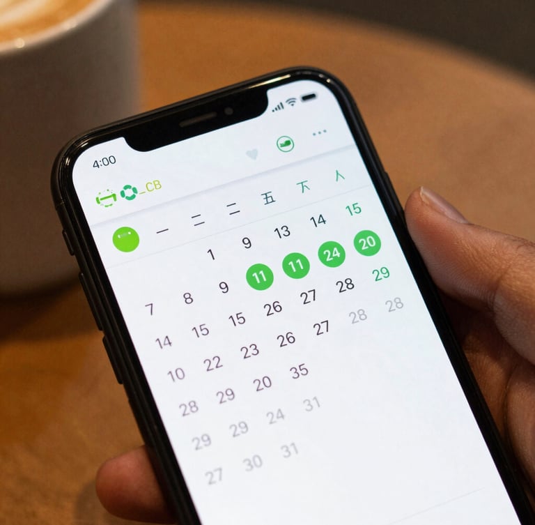 A close-up macro shot of a dark-mode Android app interface on a physical phone screen, displaying a clean green vector dividend calendar, held in a hand at a coffee shop.