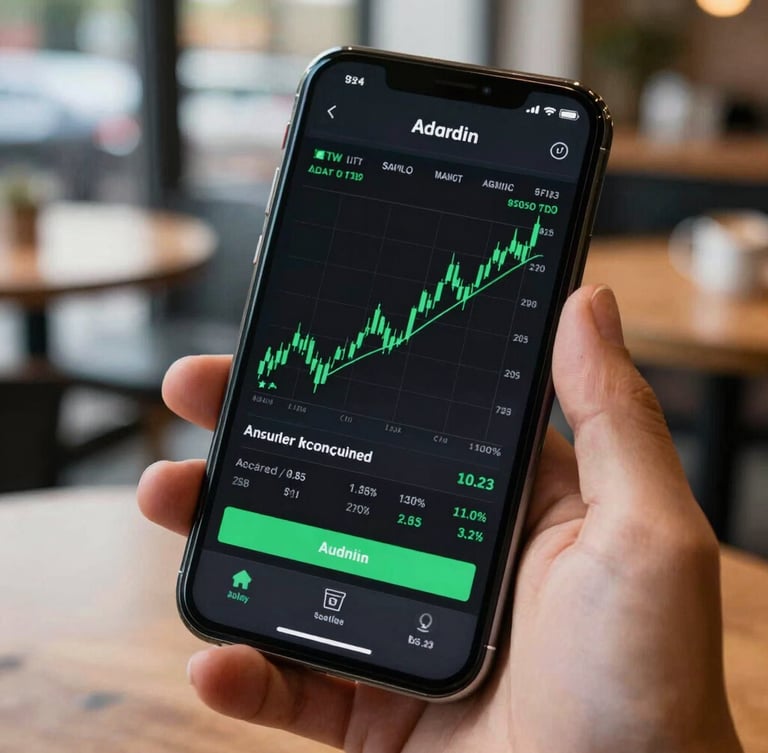 Macro close-up of a modern Android phone displaying a clean, high-contrast financial chart with safety-green accents, held in a hand at a coffee shop, natural morning light.