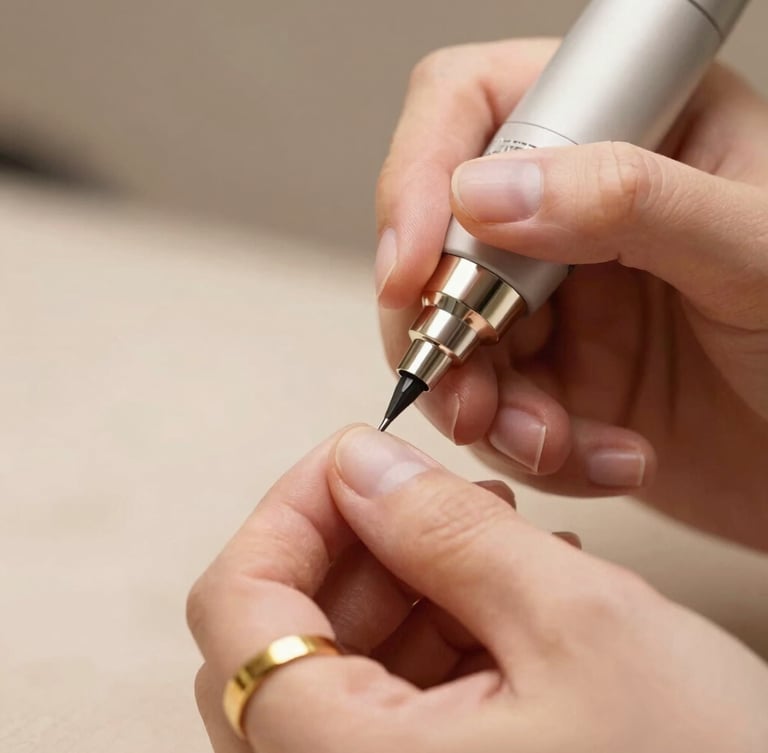 Macro close-up of a precise permanent makeup procedure, hands with gold rings holding a clinical device, warm diffused studio lighting, champagne tones