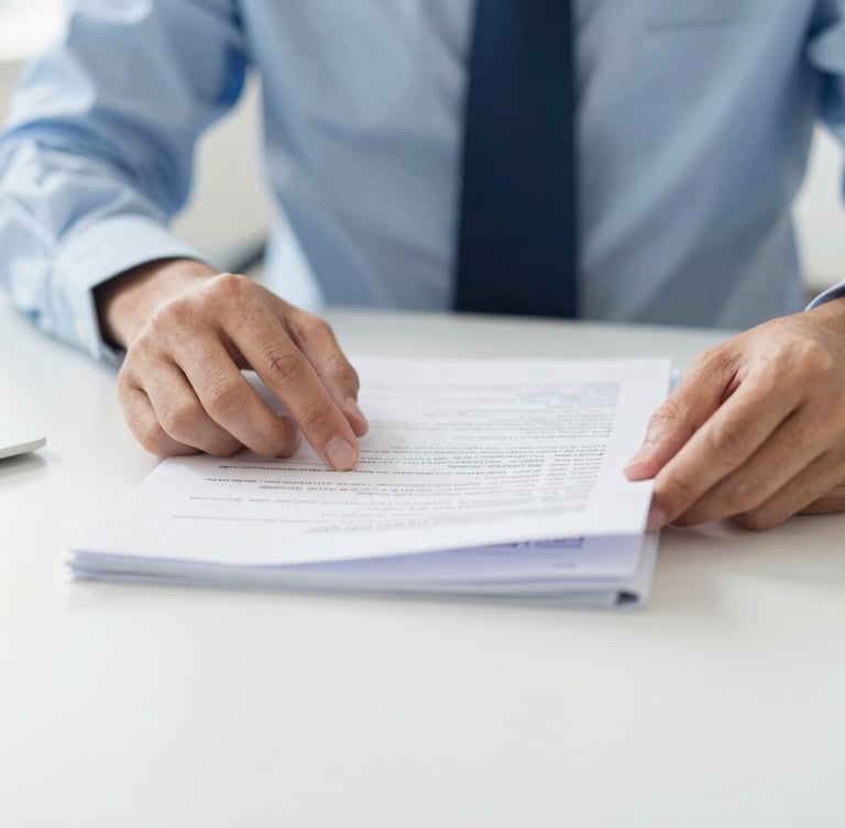 Close-up of confident hands organizing documents on a bright, clean desk, soft natural daylight, crisp corporate blues, 35mm