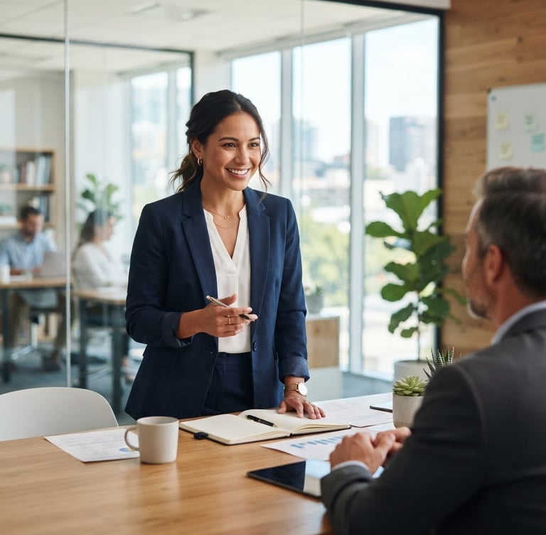 Medium environmental portrait of a confident female business consultant in a bright, modern office, natural daylight, crisp corporate blues, warm tones, 35mm