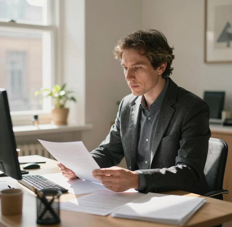 A professional advisor sitting in a calm, modern UK home office reviewing documents on a desk with soft natural daylight filtering in.