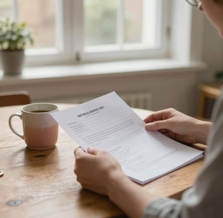 A quiet domestic setting in the UK. A person sits calmly at a wooden table reviewing paperwork next to a warm mug. Soft daylight filters through a window, shallow depth of field.
