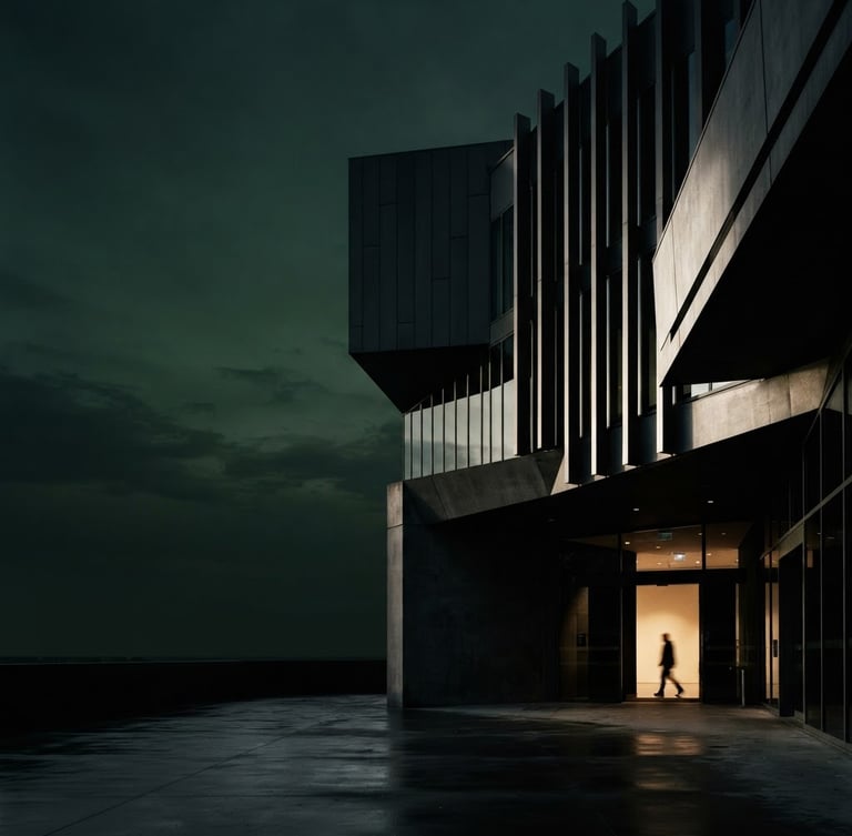 High-contrast editorial photo of a modern architectural facade with sharp lines and deep shadows, low-key directional light, 35mm, deep forest green and charcoal tones. Expansive sky on the left.