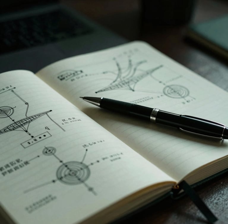 Close-up of a physical notebook with dense strategic diagrams, a pen resting on a page, sharp focus, low-key directional light, dark office environment, 35mm
