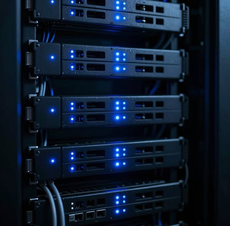 Macro shot of clean server rack cabling with glowing blue LED indicator lights in a dark server room, high-contrast dark slate tones, 35mm