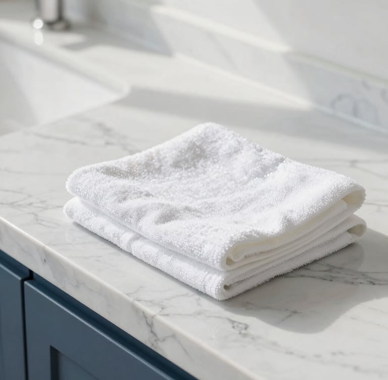 Close-up of a spotless, gleaming marble kitchen countertop with perfectly folded white towels, bright high-key natural daylight, crisp and clean architectural digest style.