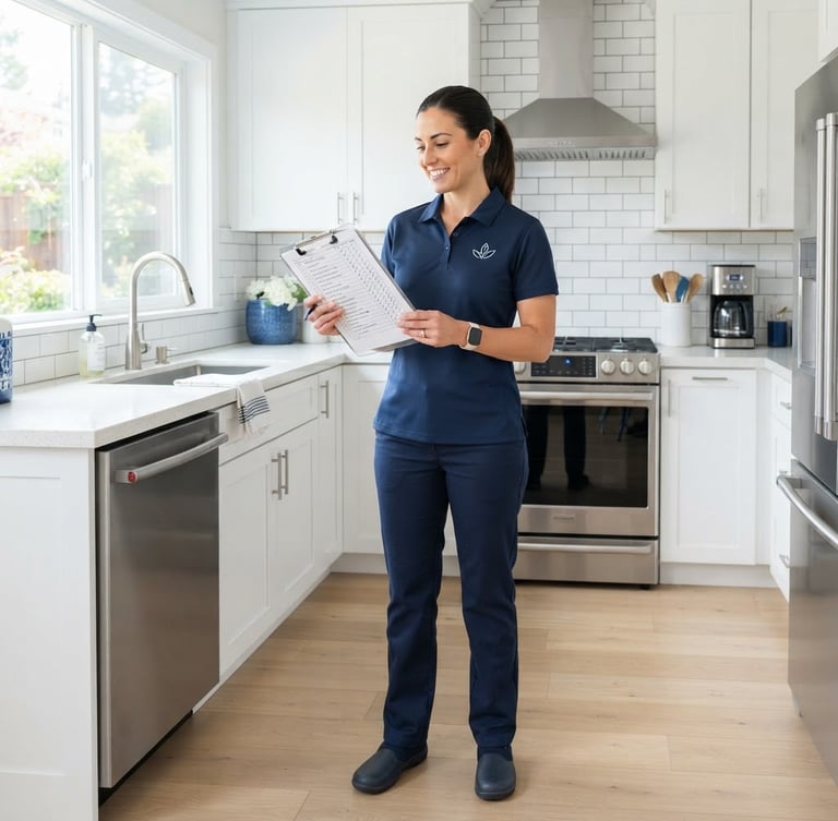A professional, uniformed cleaner in a bright, modern kitchen holding a structured clipboard checklist, crisp daylight, high-key photography, clean blue and white tones.