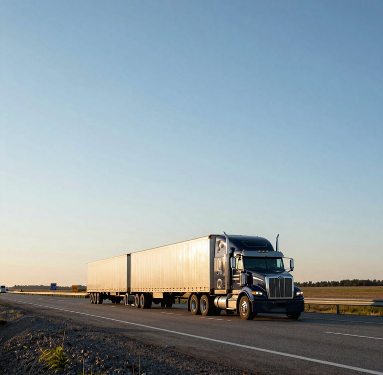 Wide panoramic shot of a multi-car hauler truck driving on a major interstate highway at golden hour, low sun, clear sky, with visible road signs for I-94 and I-35, expansive landscape, sharp focus, deep navy and gold tones.