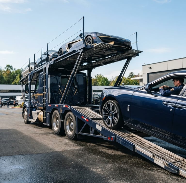 Professional multi-car hauler being loaded with a luxury sedan, low-angle heroic shot, bright natural daylight, deep navy and gold tones, sharp focus.