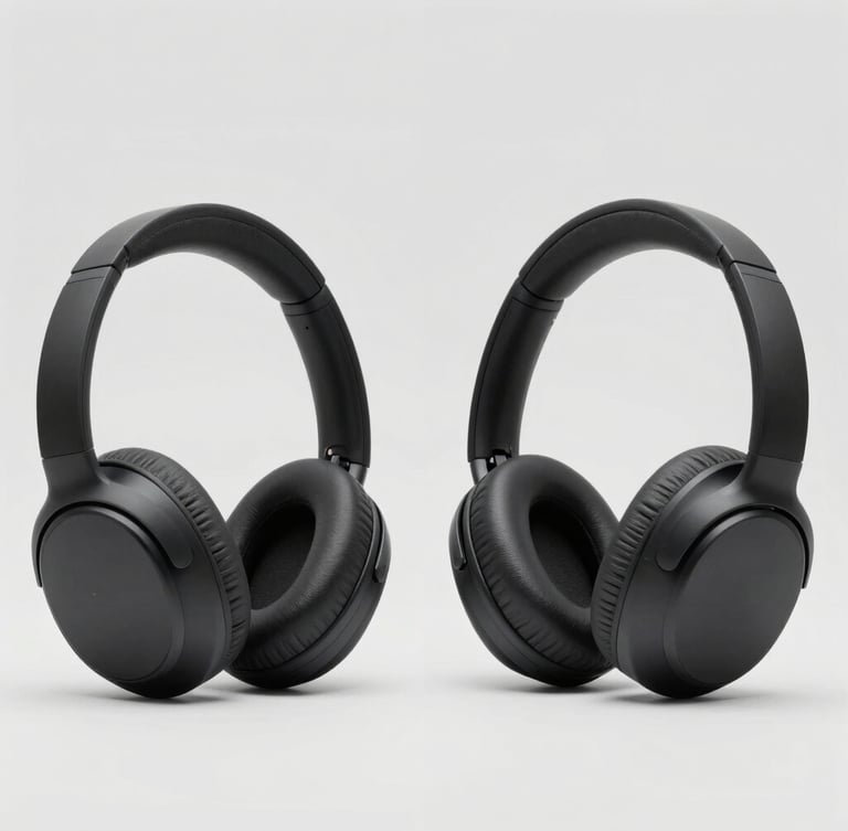 Side-by-side comparison of premium headphones, matte black finish, crisp studio lighting, neutral light gray background