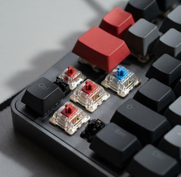 Macro close-up of premium mechanical keyboard switches, crisp studio lighting, red accent keycaps, shallow depth of field, 50mm lens