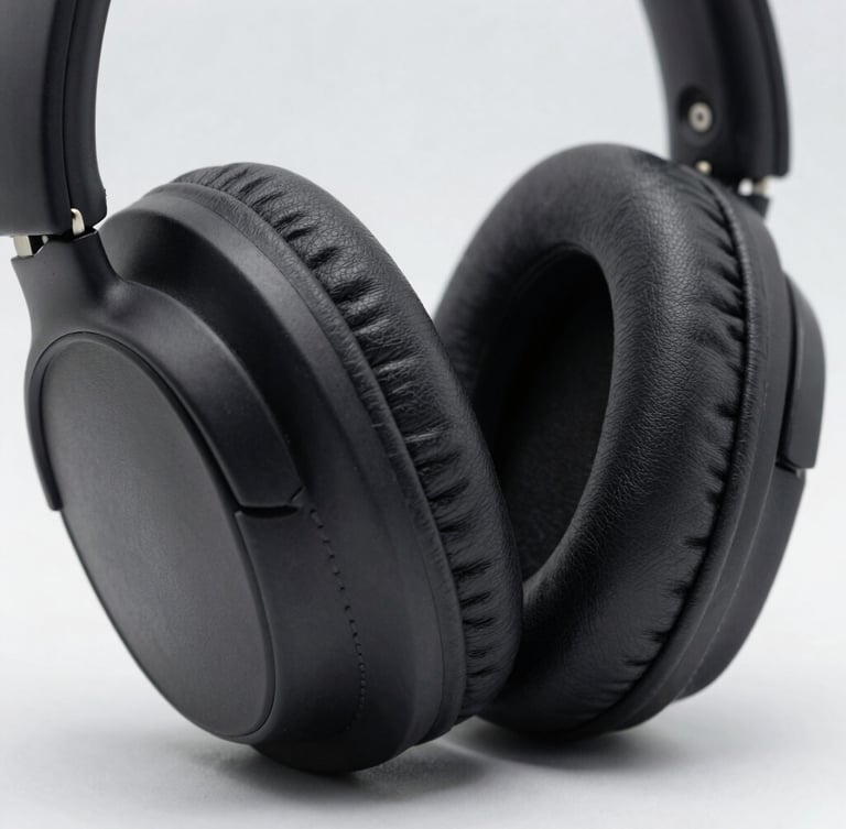 Crisp macro shot of headphone ear cup textures, leather stitching and metal grilles, clean studio lighting, soft shadows, neutral light gray background